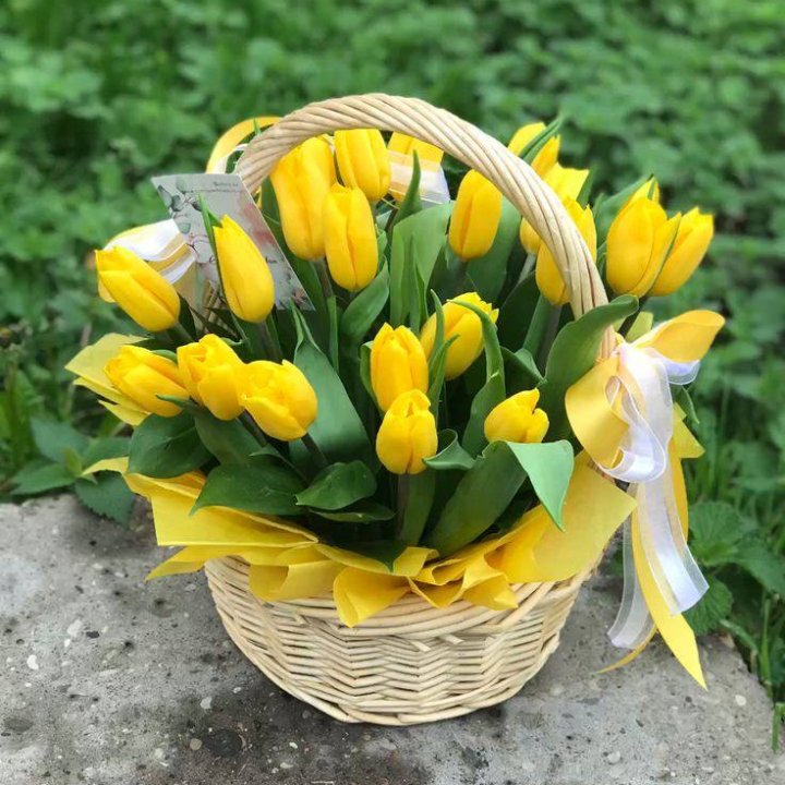 25 желтых тюльпанов в корзине в Владикавказе