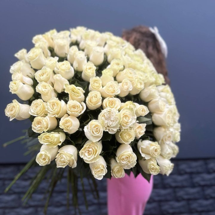 101 белая высокая импортная роза под ленту в Владикавказе